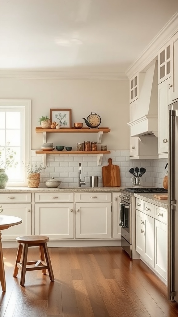 A cozy kitchen featuring classic cream cabinets, wooden accents, and natural light.