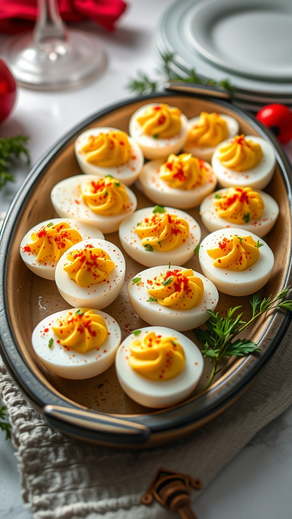 A tray of classic deviled eggs garnished with paprika and fresh herbs.