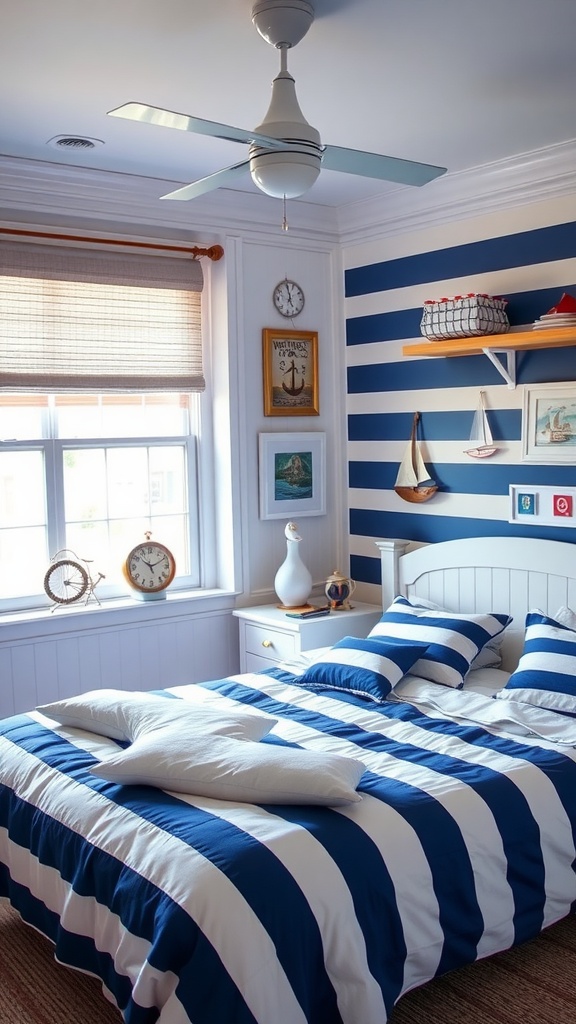 A classic nautical themed bedroom featuring blue and white striped bedding, nautical decorations, and a cozy atmosphere.