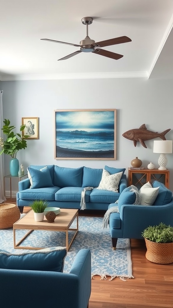 A cozy living room with blue sofas, coastal artwork, and natural decor.