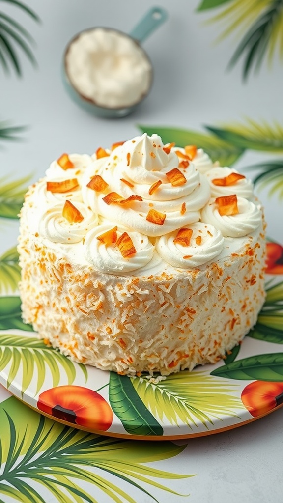 A beautifully decorated coconut cream cake with whipped cream and coconut flakes on a tropical-themed plate.