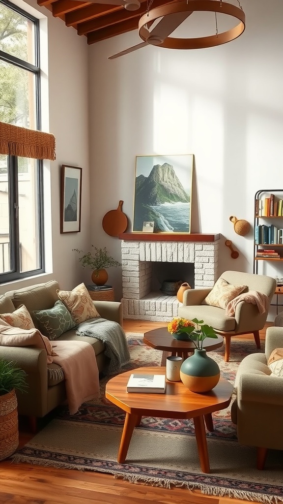 A cozy living room featuring earthy tones and muted hues with mid-century modern furniture.