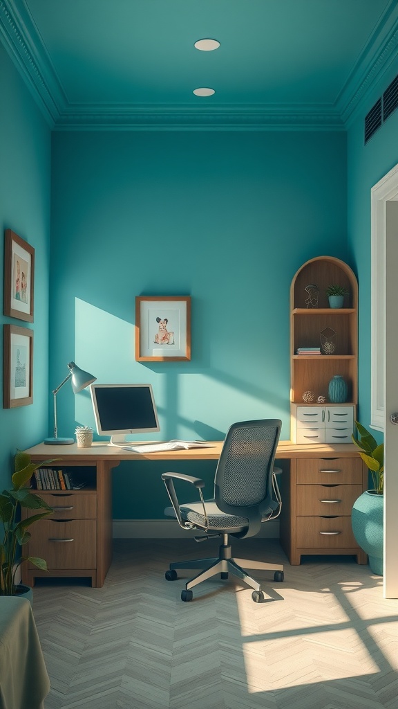 A small home office featuring teal walls, a wooden desk, a computer, and plants, with natural light enhancing the workspace.