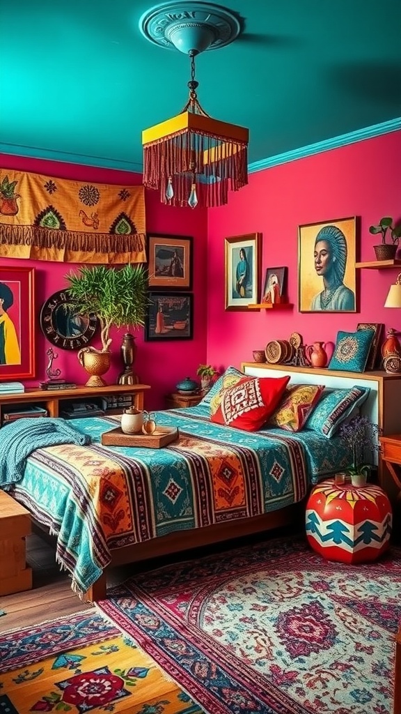 A colorful bohemian-inspired bedroom with vibrant textiles, layered rugs, and eclectic decor.