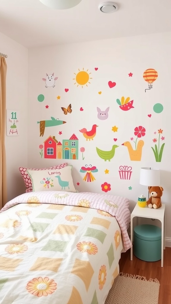 A small bedroom with colorful wall decals featuring animals, flowers, and a positive message.