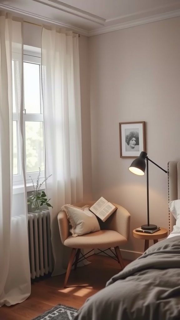 A cozy bedroom corner with a reading nook featuring an armchair, a lamp, and a small side table.