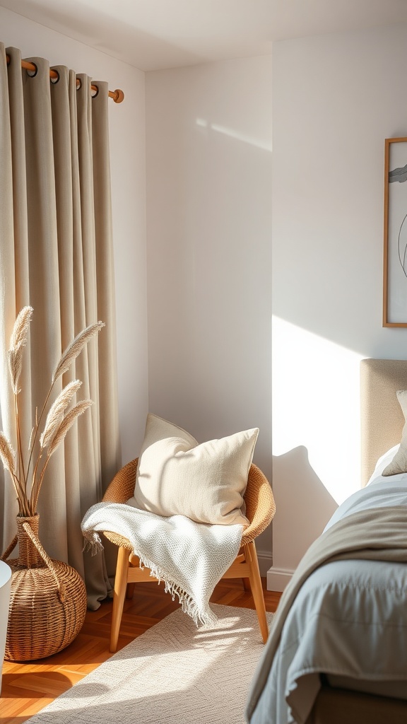 Cozy bedroom corner with a chair, a throw blanket, and a vase of dried plants.