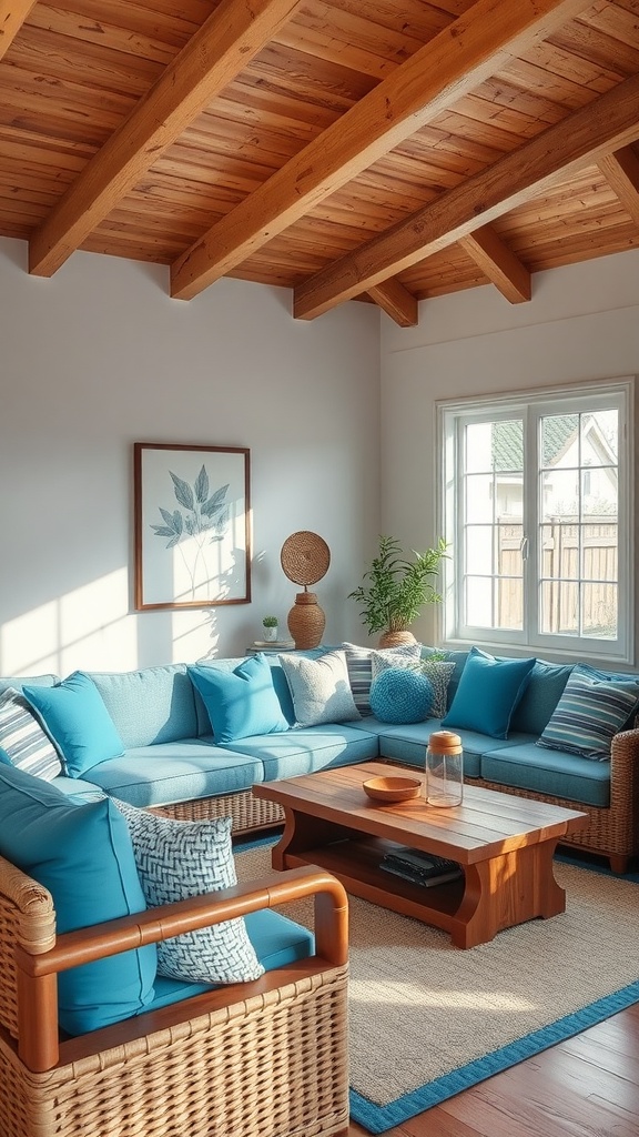 A comfortable blue boho living room featuring a plush sofa, wooden coffee table, and inviting decor.