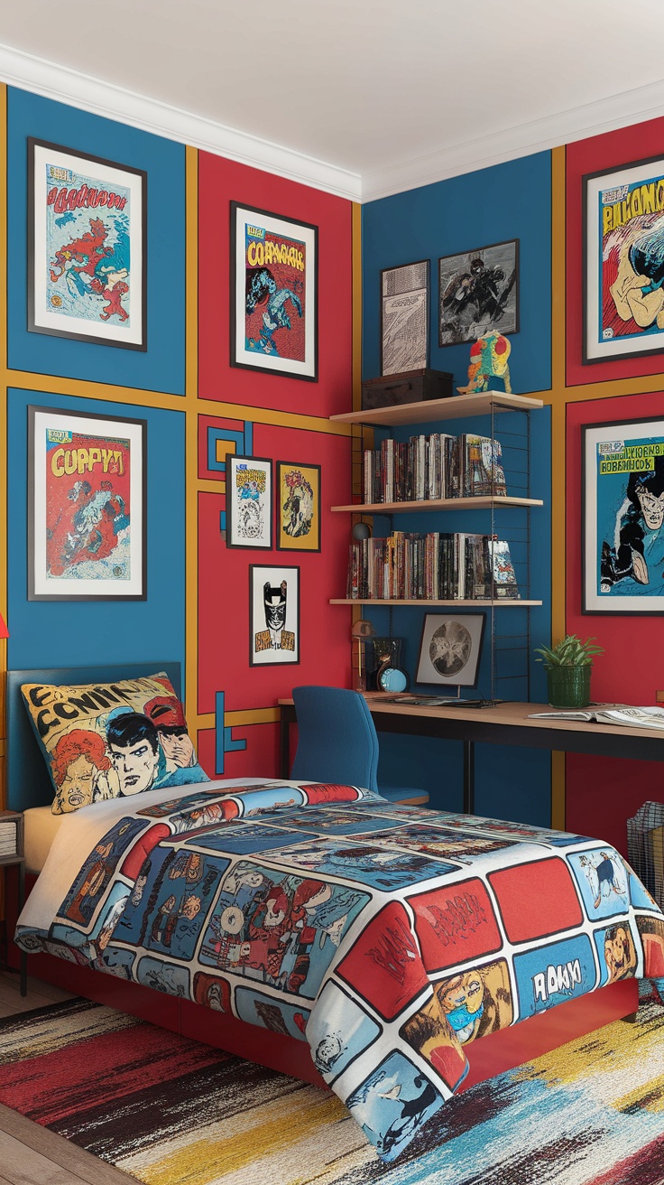 A boy's bedroom decorated with comic book covers and themed bedding.