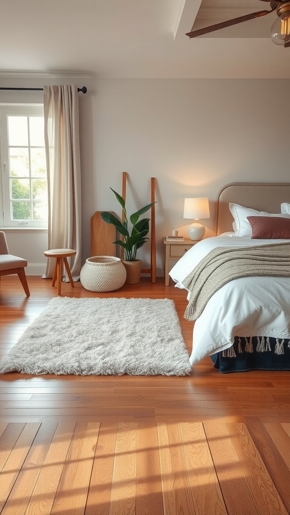A cozy bedroom featuring a fluffy area rug, warm wood flooring, and neutral decor.