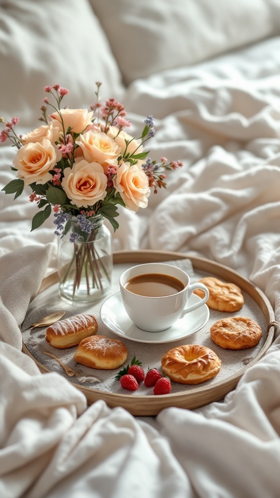 A cozy breakfast in bed setup with a tray featuring coffee, pastries, strawberries, and flowers.