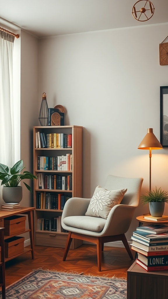 A cozy reading nook in a Boho mid-century modern living room featuring a comfortable chair, bookshelves, and warm lighting.