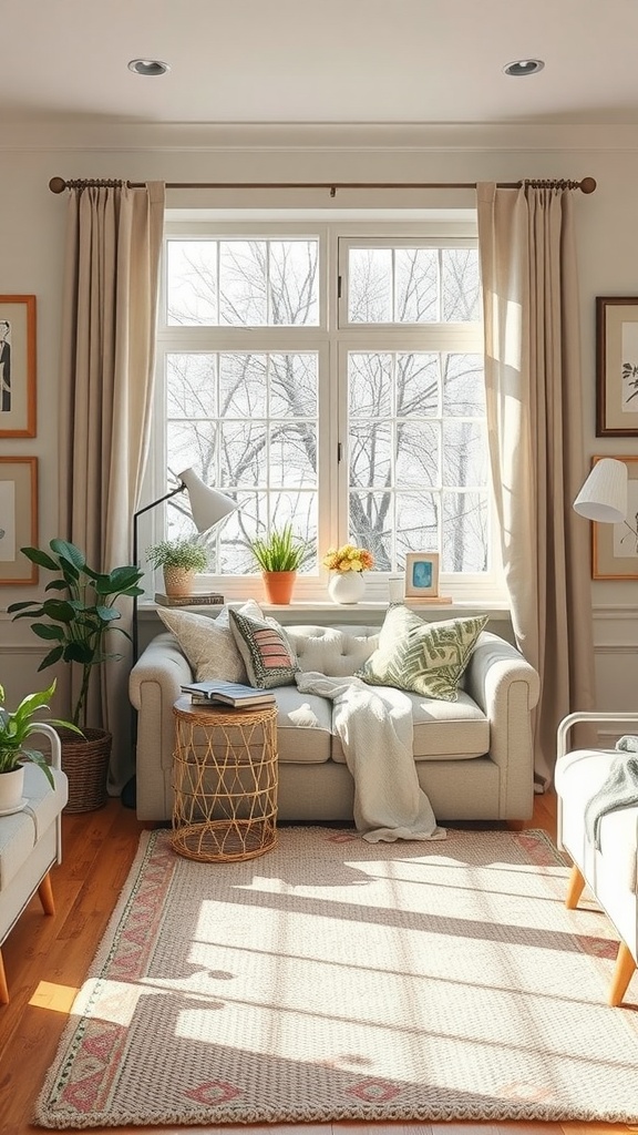 Cozy nook in a living room with a sofa, plants, and large windows