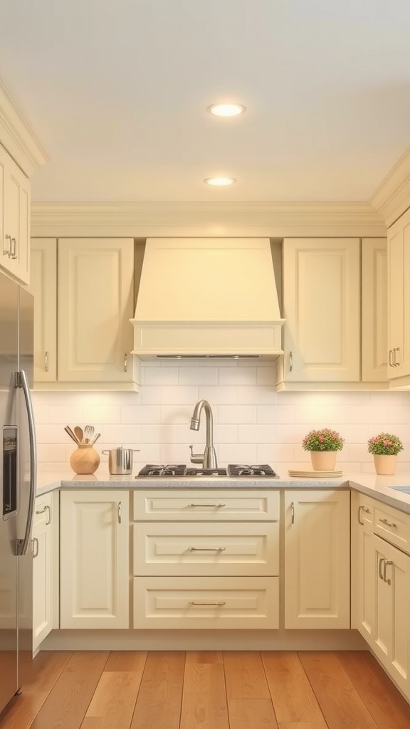 A bright kitchen featuring creamy meringue cabinets with light countertops and wooden flooring.