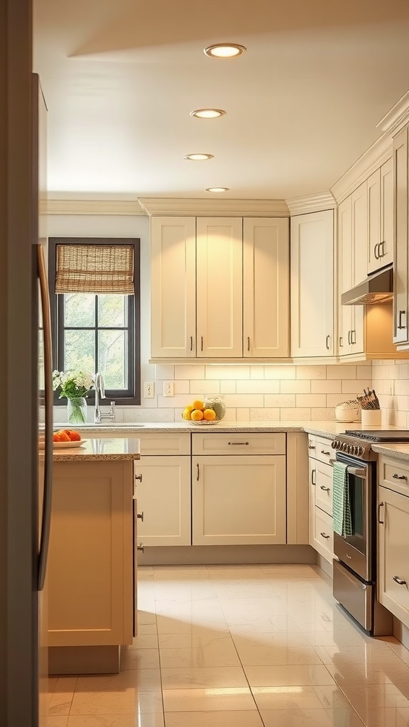 A warm kitchen featuring creamy vanilla cabinets, sleek countertops, and natural light coming through the window.