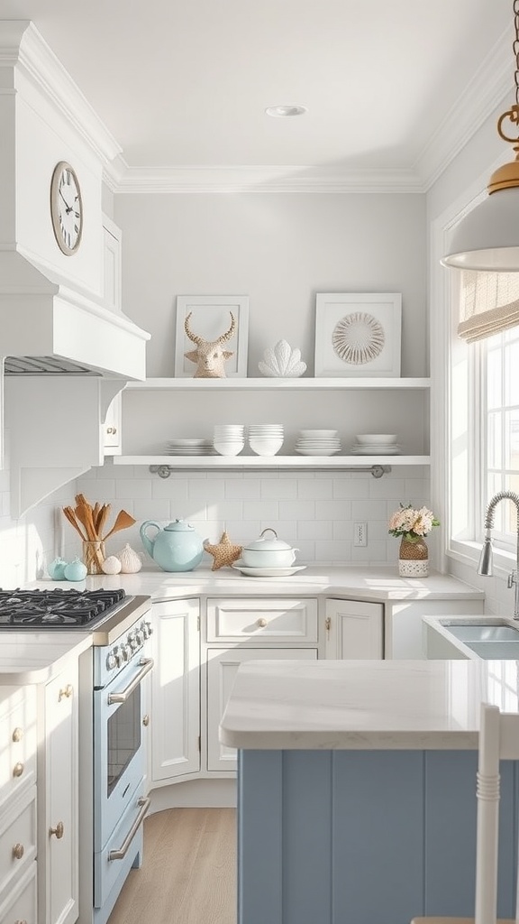 A cozy blue and white kitchen featuring light blue cabinetry, white countertops, and coastal decor