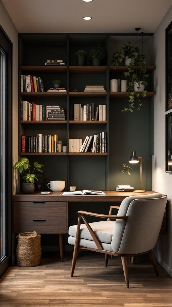 Cozy office space featuring a comfortable chair, bookshelves filled with books, and warm lighting.