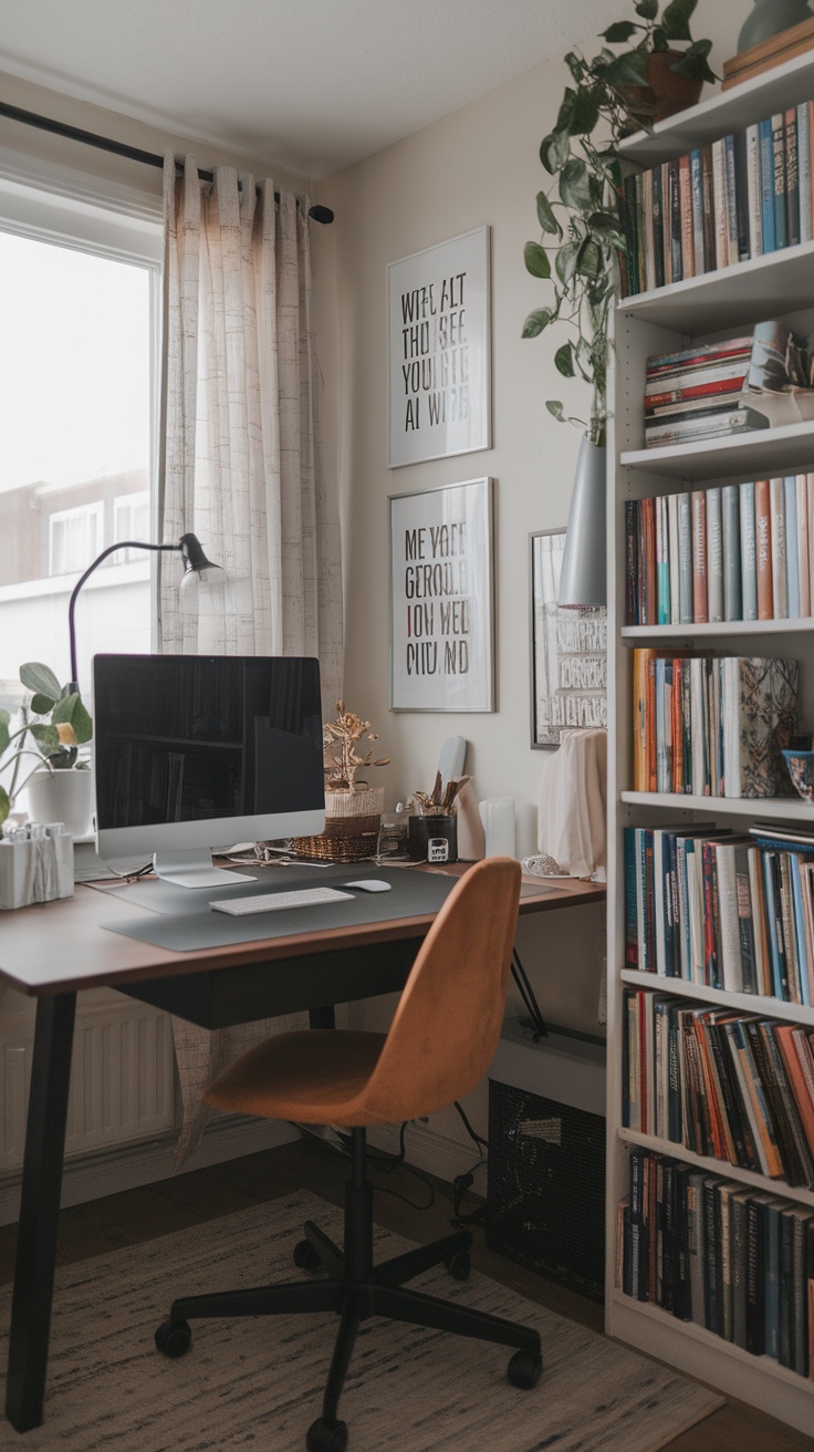 A small home office featuring a desk with a computer, motivational posters on the walls, a desk lamp, and a plant.