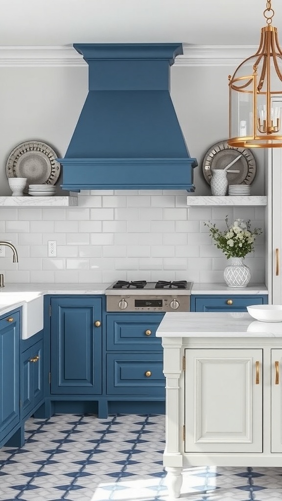 Blue and white kitchen with blue cabinets, white backsplash, a blue range hood, and patterned tiles.