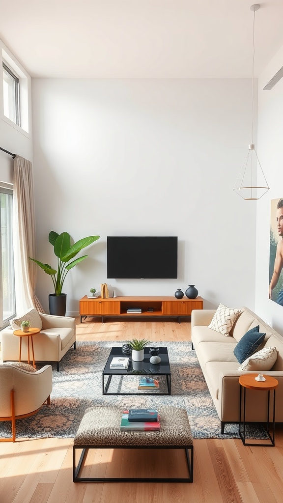 Boho mid-century modern living room featuring a mix of furniture and decor.