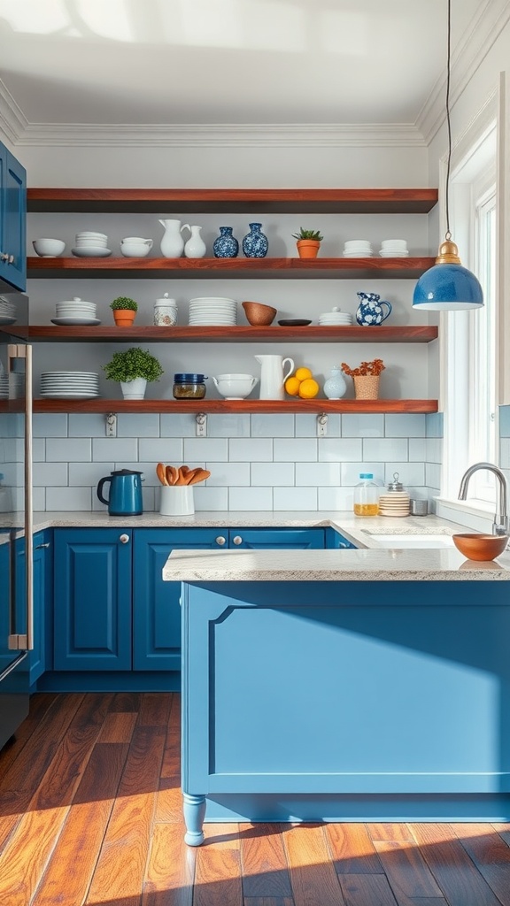 A blue and white kitchen featuring dark wooden shelves with various dishes and a cozy atmosphere.