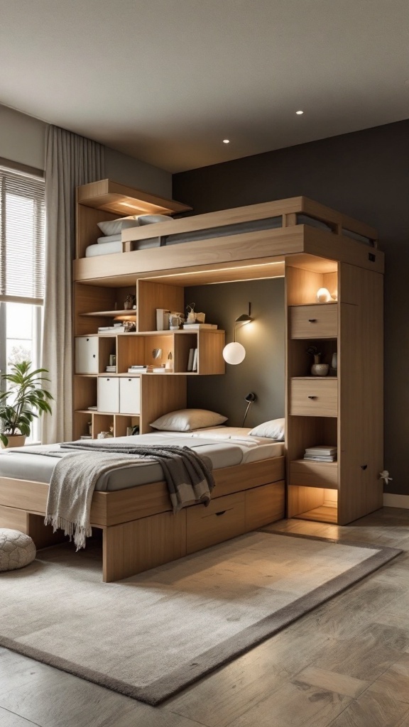 A cozy loft bed configuration with storage and shelving, designed for small rooms.