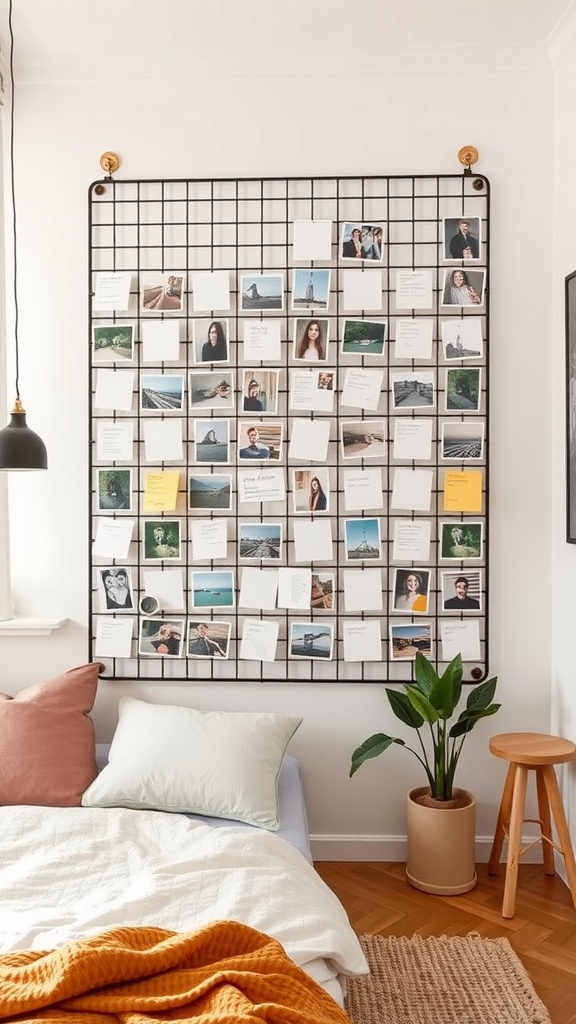 A wall grid filled with photos and notes in a cozy bedroom setting