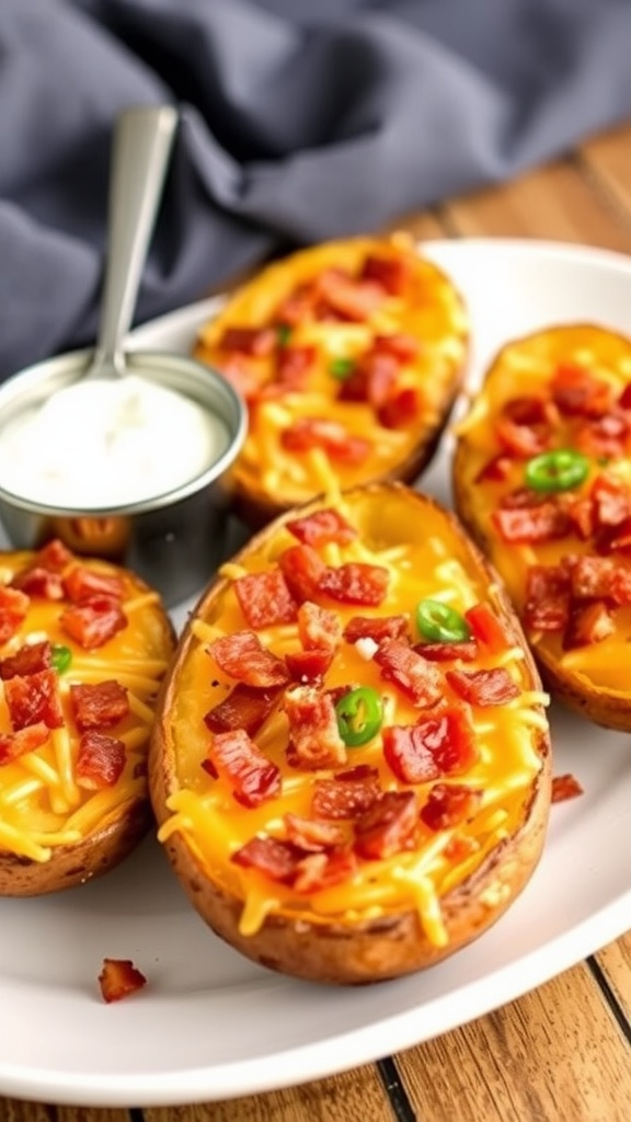 Plate of crispy potato skins topped with cheese, bacon, and served with sour cream