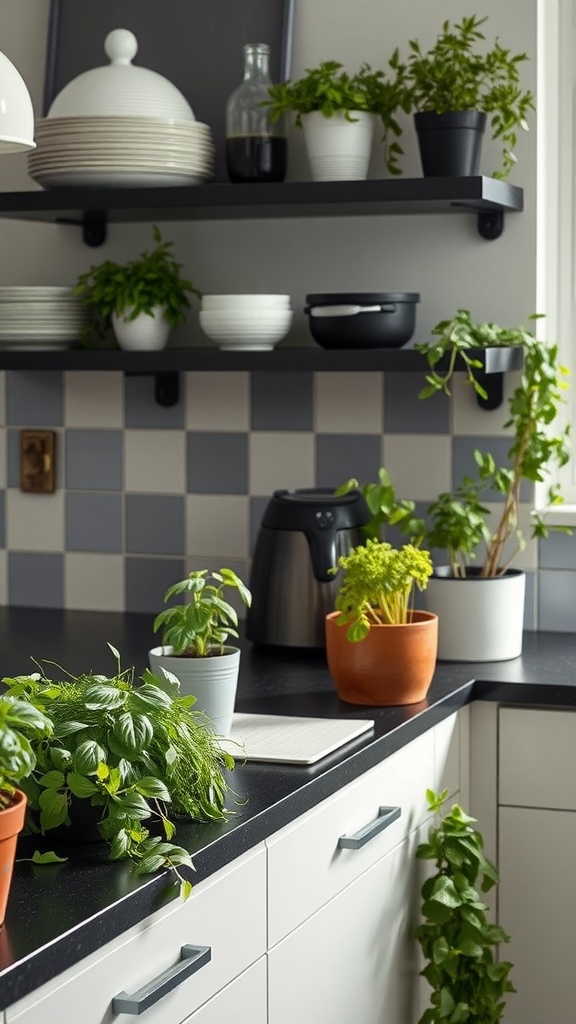 A modern kitchen featuring a black countertop with various potted plants, including herbs, displayed on the counter and shelves.