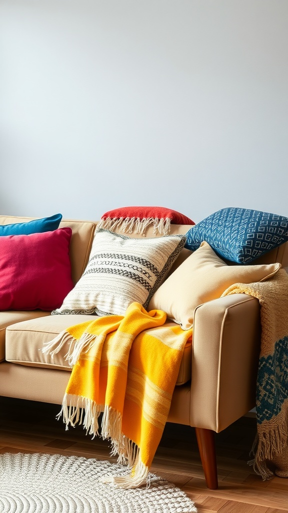 A cozy living room sofa decorated with colorful cushions and throws.