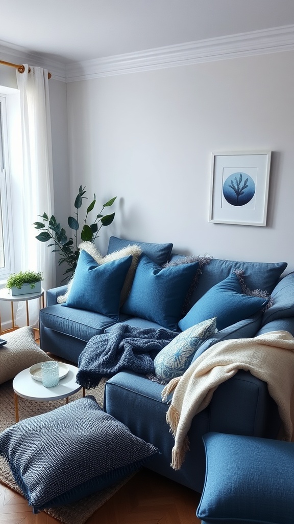 A cozy blue boho living room with a sofa adorned with cushions and throws