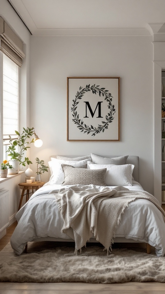 A cozy bedroom featuring customized wall art with the name Aucle