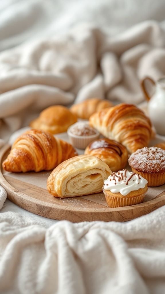 A cozy breakfast in bed featuring a variety of pastries on a wooden tray.