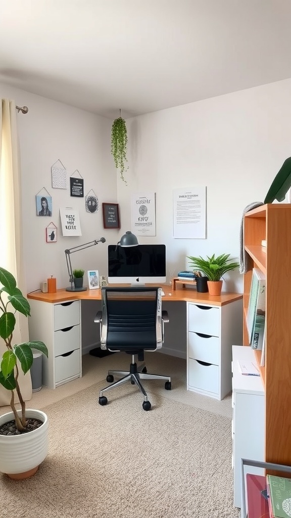 A minimalist home office with a desk, computer, and potted plants.