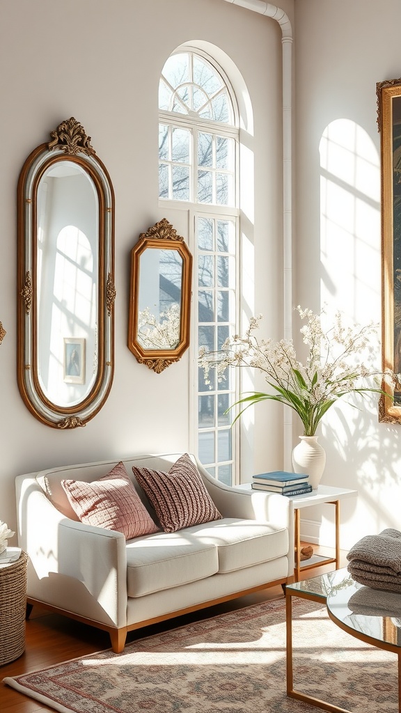 A bright living room with decorative mirrors reflecting sunlight, a white sofa, and a floral arrangement.