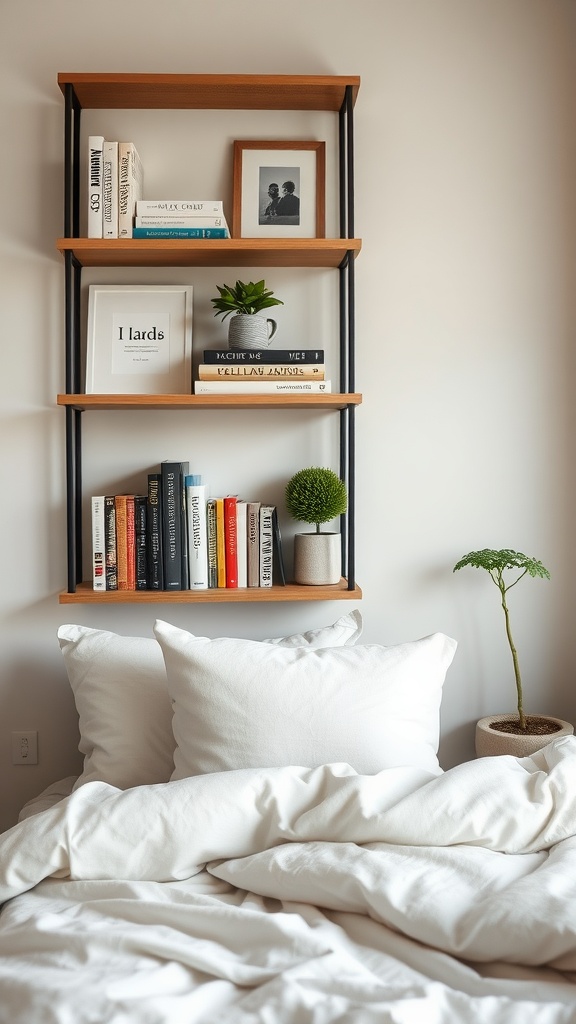 Cozy bedroom with decorative shelving featuring books, plants, and framed photos.