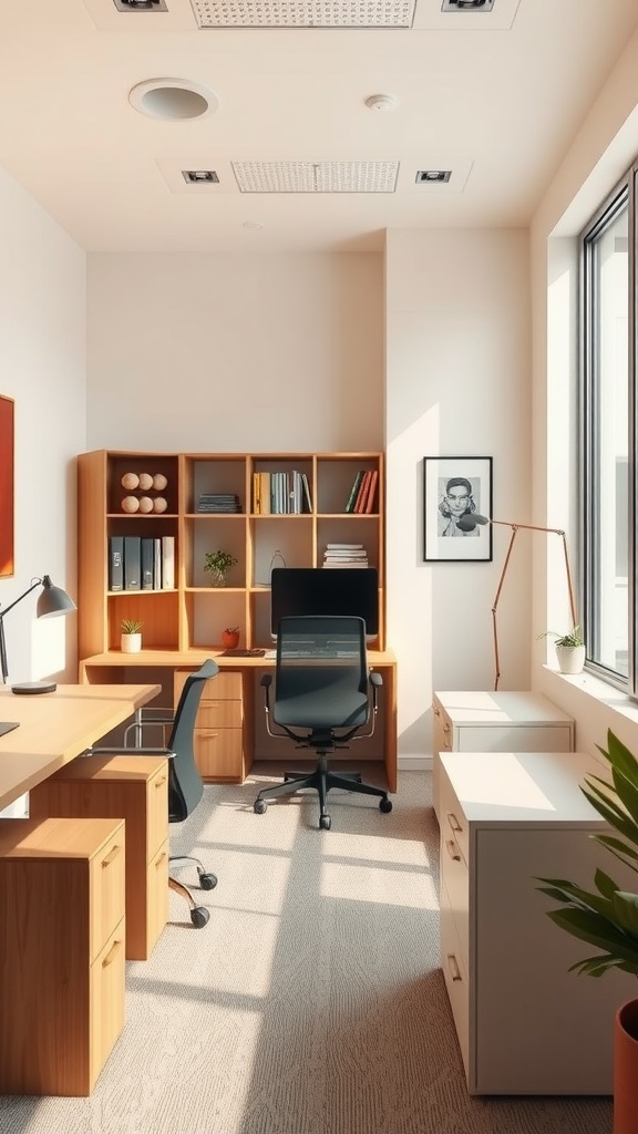 Small home office with a desk, chair, shelves, and natural light