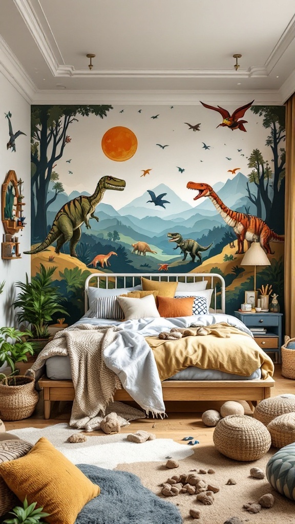 A boy's bedroom decorated with colorful dinosaur murals and playful toys.