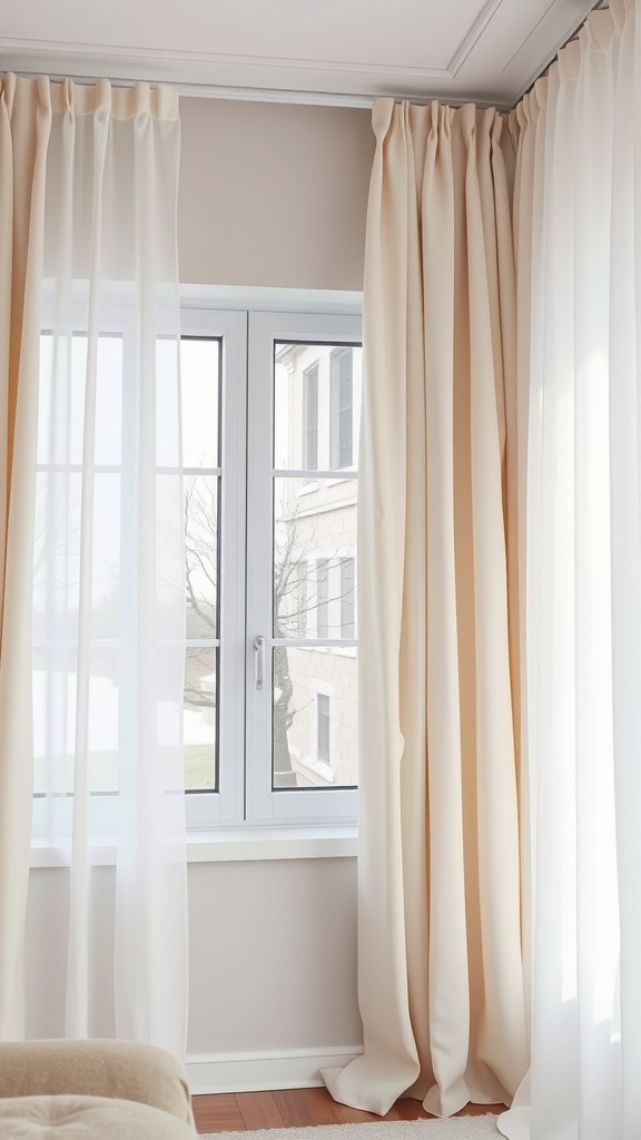 A cozy bedroom featuring soft beige and white drapes by the window, allowing natural light to filter in.