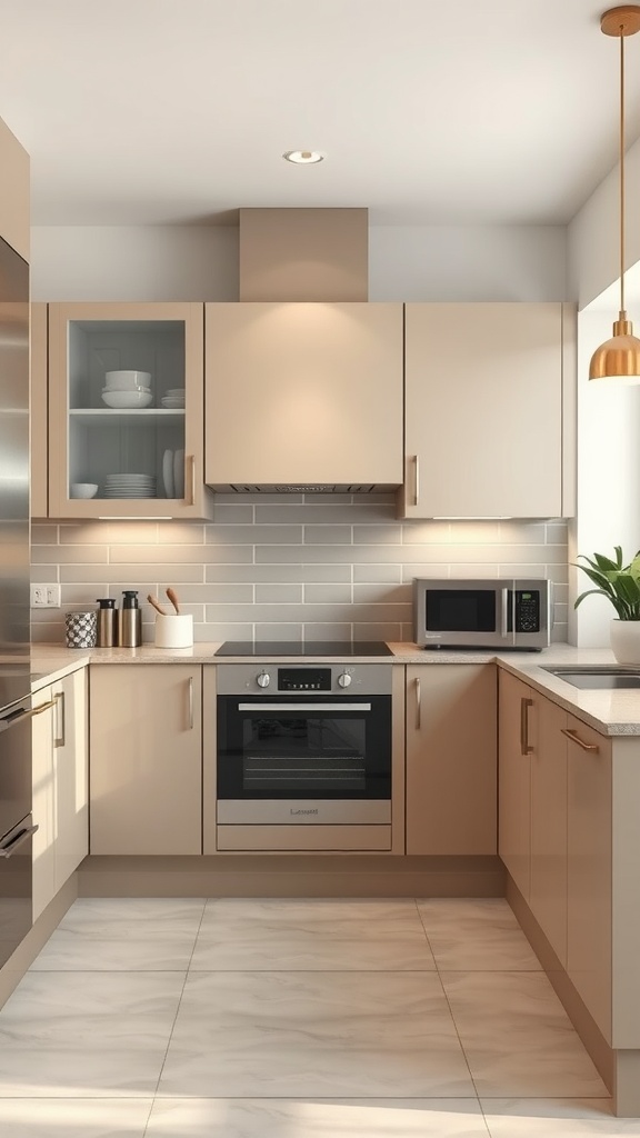 A stylish modern kitchen featuring dusty beige cabinets, a sleek stove, and warm lighting.