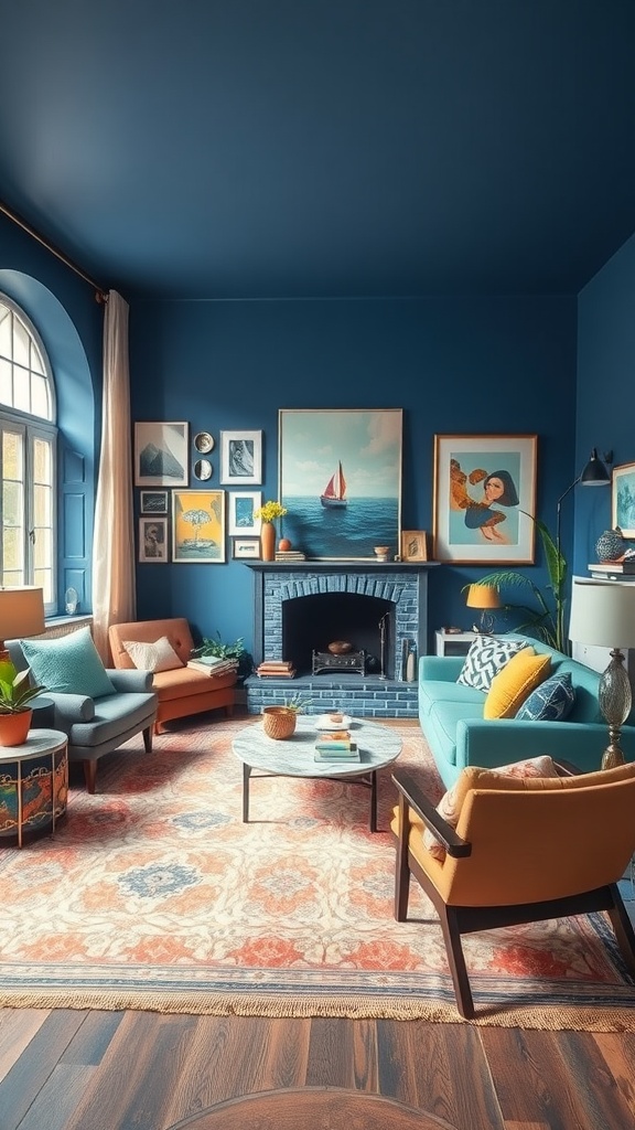 A cozy living room featuring a deep blue wall, turquoise couch, orange armchair, and colorful artwork.