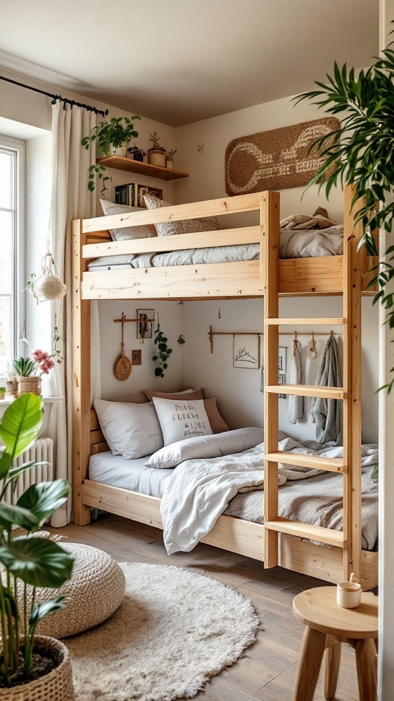 Cozy loft bed made of natural wood in a small room with plants and decorative elements.