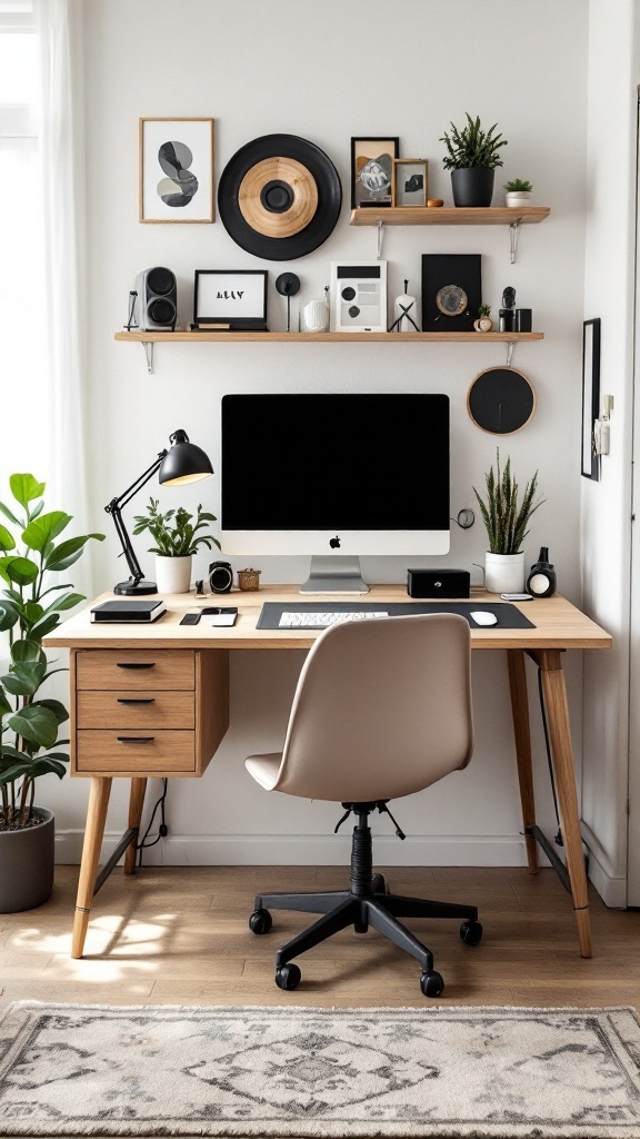 A small home office setup with visible cables and electronic devices.