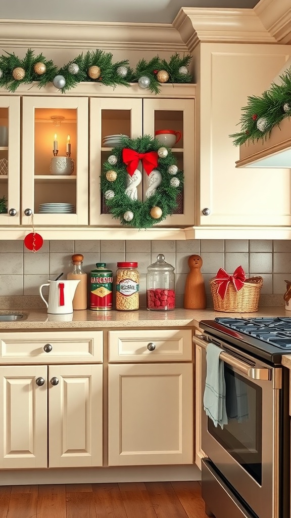 A beige kitchen featuring festive decor with cabinets, a wreath, and holiday accents.