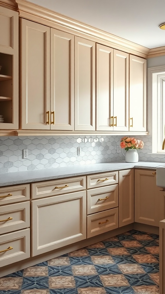 A kitchen featuring elegant champagne cabinets with gold handles, complemented by a textured backsplash and patterned flooring.