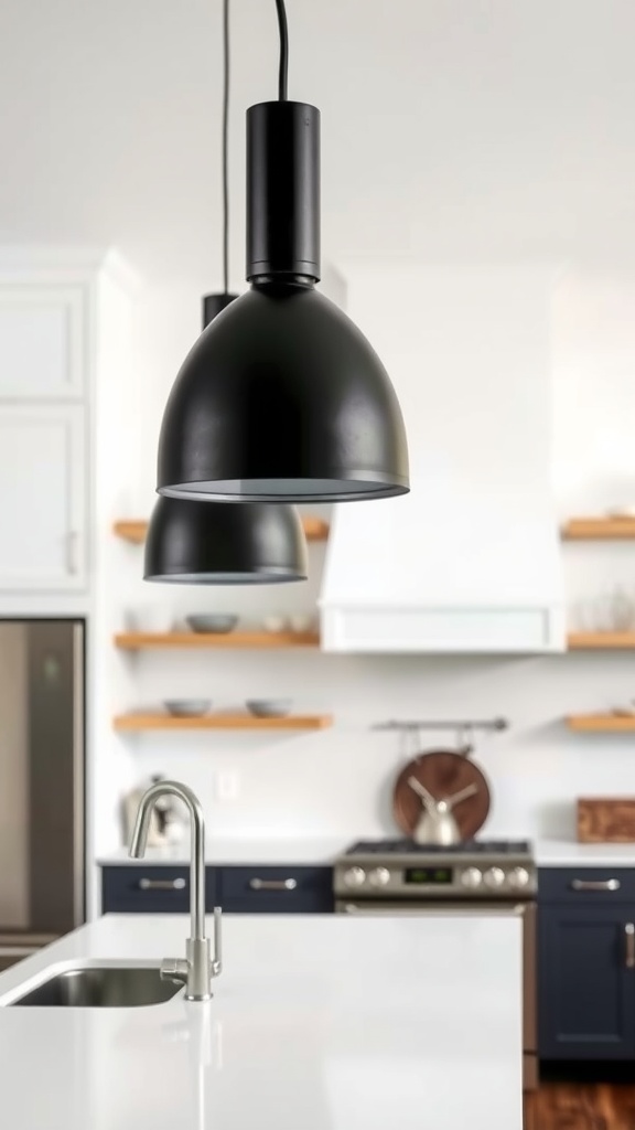 Black pendant lights hanging over a white kitchen countertop.