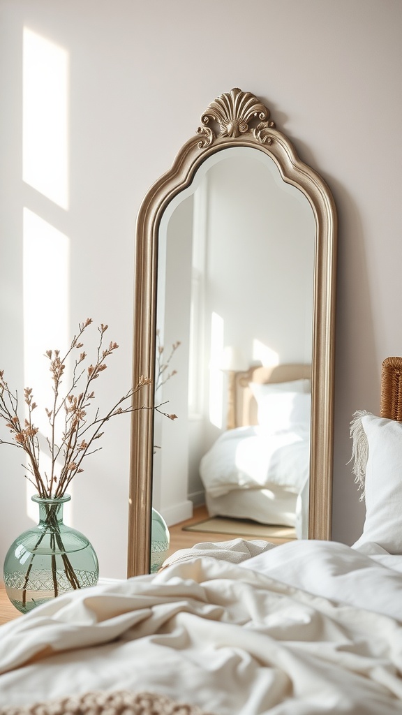 A cozy bedroom featuring an elegant mirror, a decorative vase with dried flowers, and soft neutral bedding.