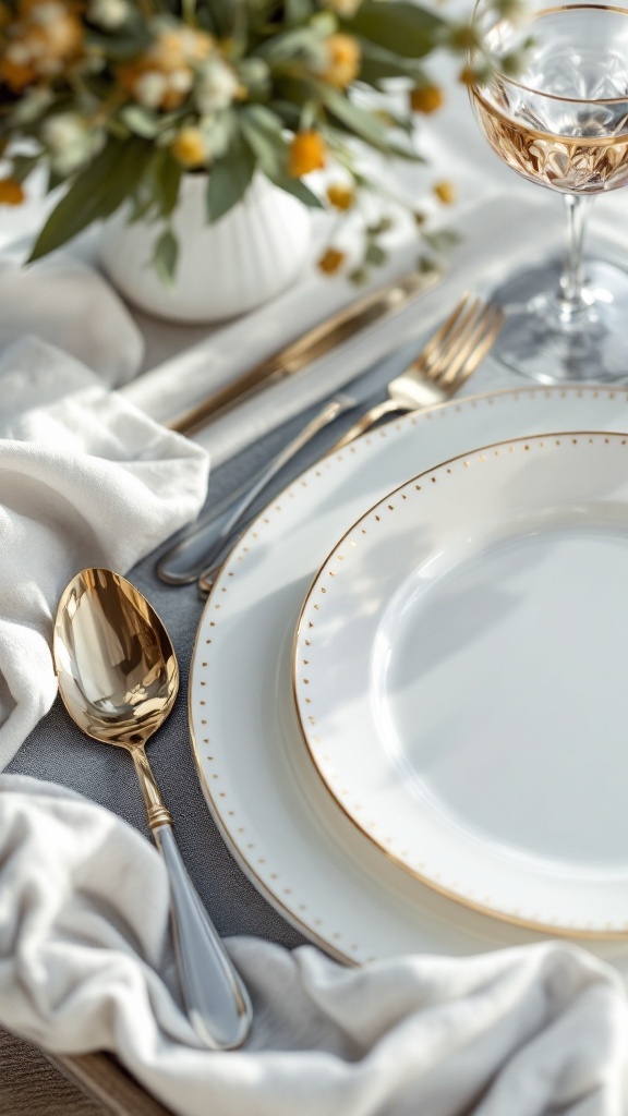 Elegant breakfast tableware with gold accents and a floral centerpiece