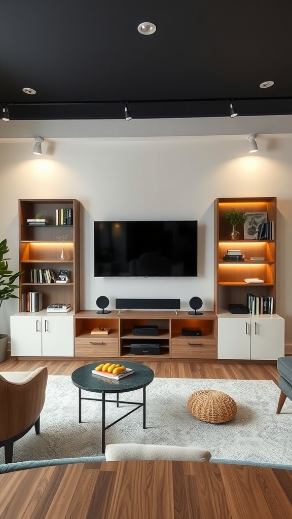 A stylish entertainment setup in a Boho Mid-Century Modern living room featuring a TV and warm wooden shelves.