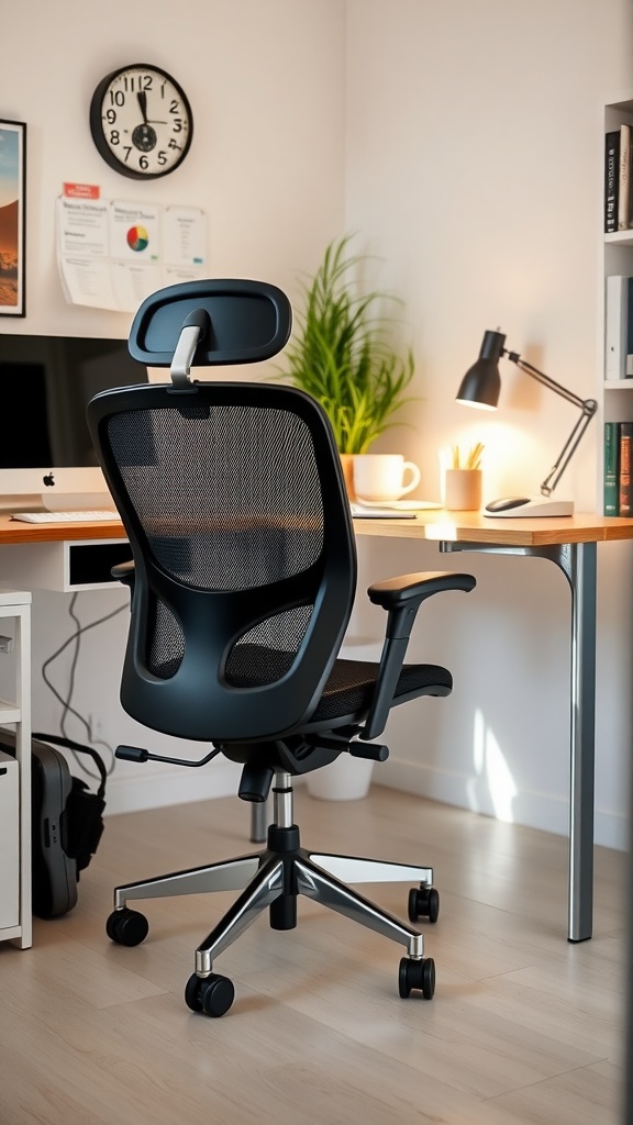 A small home office featuring an ergonomic chair, desk, lamp, and decorative plants.